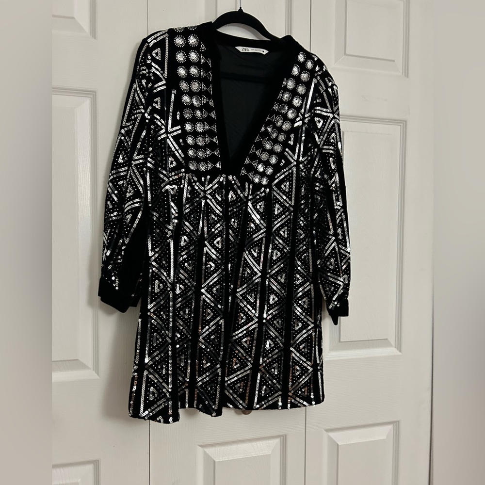 Zara Black Velvet Dress With Silver Sequins